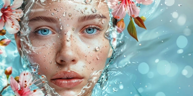 portrait of a beautiful girl in closeup splashes of water white flowers clean skin concept banner for beauty and cosmetology