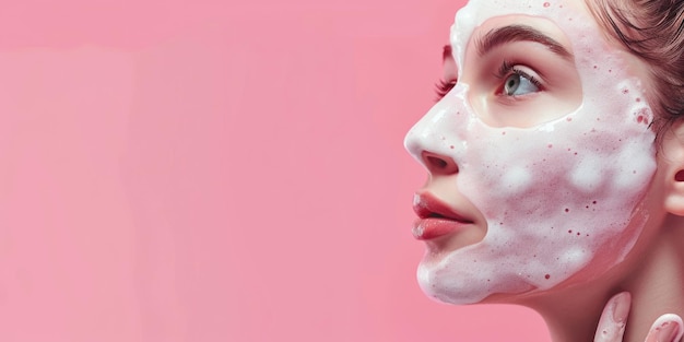 портрет красивой девушки мытье лица пенопластный гель концепция чистой кожи и ухода за собой очищение и увлажнение кожи боковой вид розовый фон