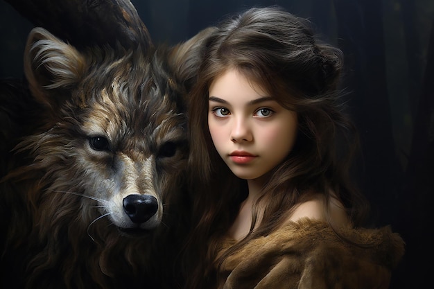 Портрет красивой девушки в шубе с волком
