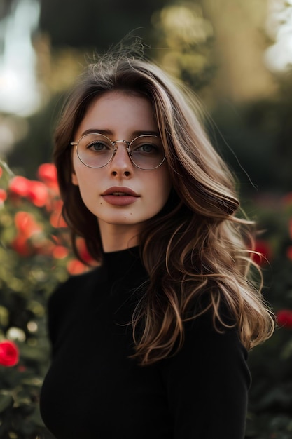 Photo portrait of a beautiful girl in glasses on a background of roses