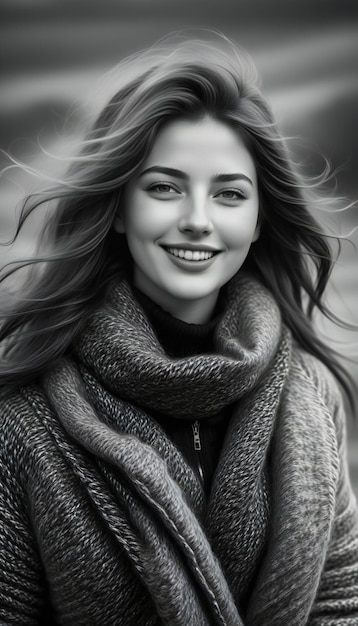 Photo portrait of a beautiful girl in a gray coat and scarf