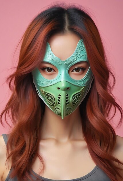 Photo portrait of a beautiful girl in a green mask on a pink background