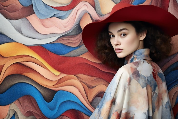 カラフルな背景に帽子をかぶった美しい女の子の肖像画