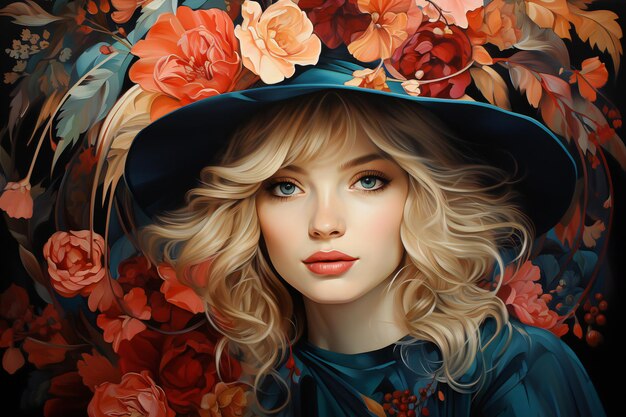 Portrait of a beautiful girl in a hat with flowers Beauty fashion