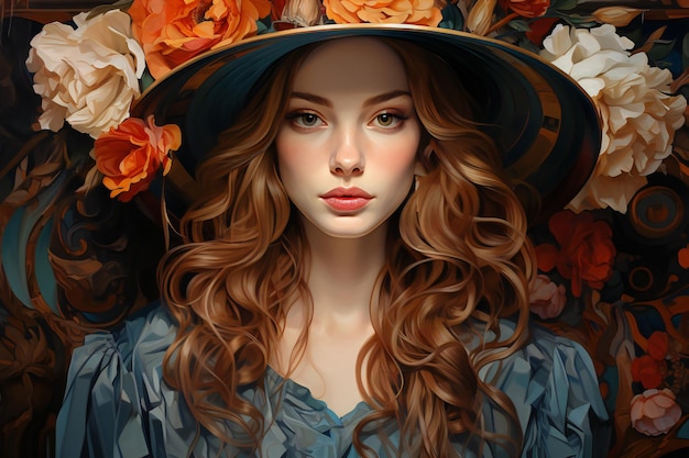 꽃과 모자를 쓴 아름다운 소녀의 초상화
