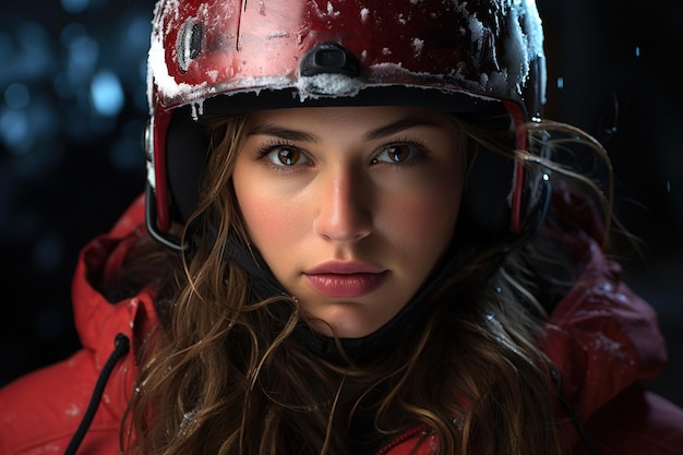 портрет красивой девушки-хоккеистки в шлеме на стадионе зимой