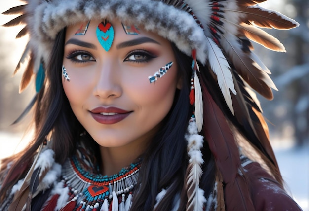 Photo portrait of a beautiful girl in the image of a native american