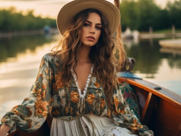 Portrait of a beautiful girl in a long dress on a boat