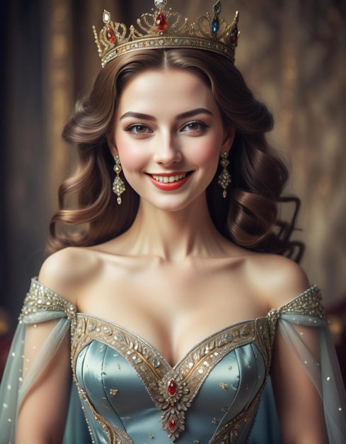 Portrait of a beautiful girl in a luxurious dress and crown