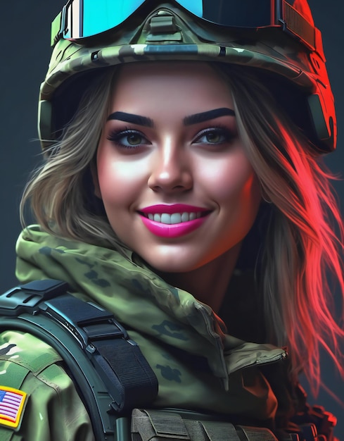 Portrait of a beautiful girl in a military uniform with a helmet