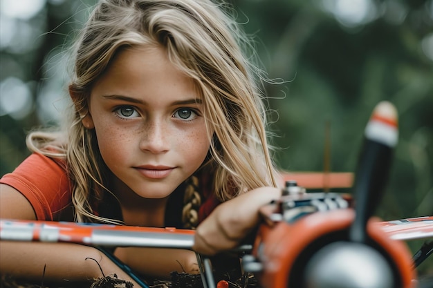 Portrait of a beautiful girl on a quad bike in the forest