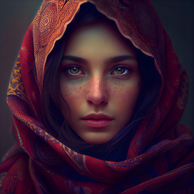 Premium AI Image | Portrait of a beautiful girl in a red shawl on her head