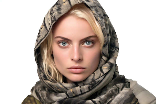 Portrait of a beautiful girl in a scarf on a white background