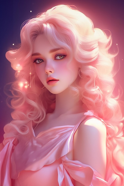 Portrait Beautiful girl wearing dress pink hair posing for photo Lovely Anime Style Ai Generated