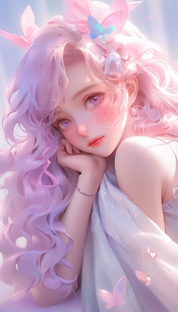 Photo portrait beautiful girl wearing dress pink hair posing for photo lovely anime style ai generated