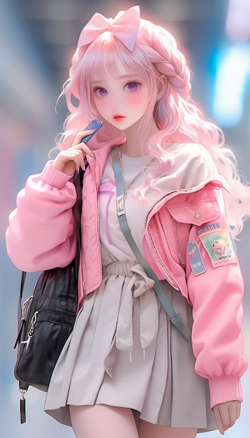 Portrait Beautiful girl wearing dress pink hair posing for photo Lovely Anime Style Ai Generated