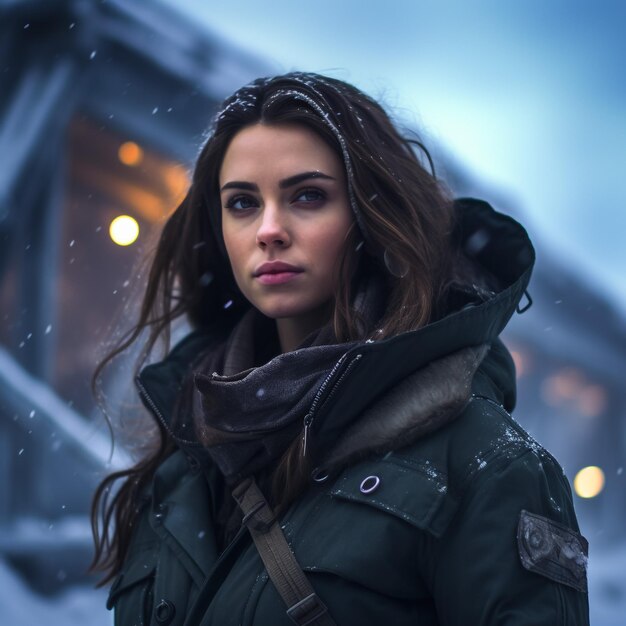 Портрет красивой девушки на зимнем пейзаже