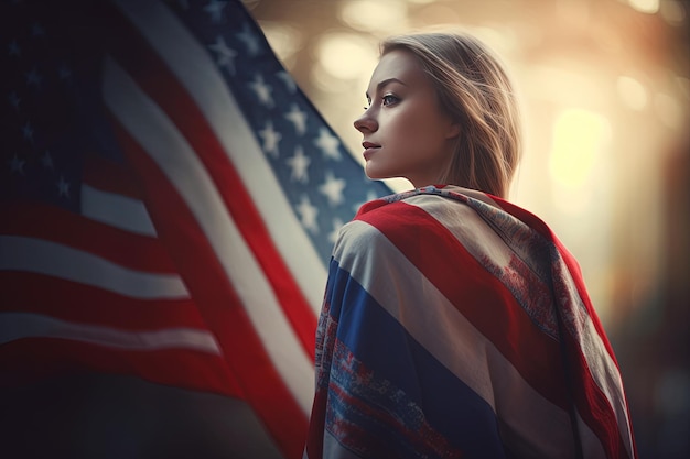 미국 국기를 든 아름다운 소녀의 초상화