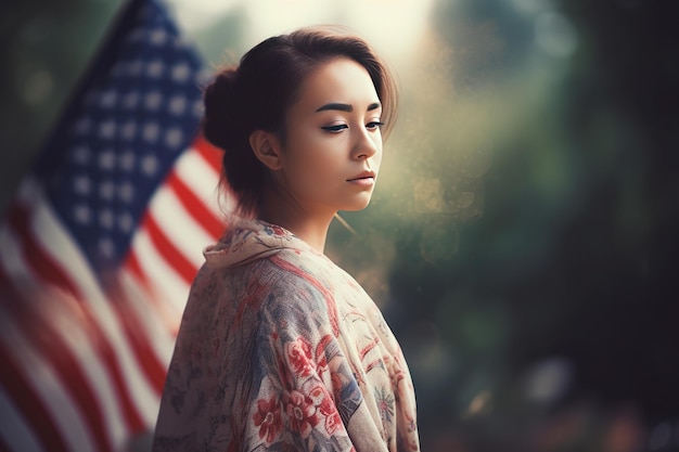 Portrait of a beautiful girl with American flag