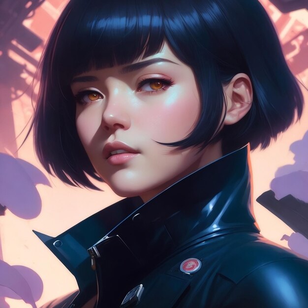 Portrait of a beautiful girl with black hair in a black leather jacket