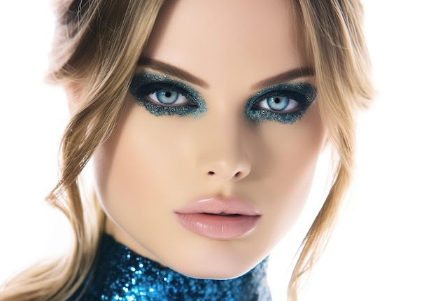 Portrait of the beautiful girl with blue glitter makeup photography
