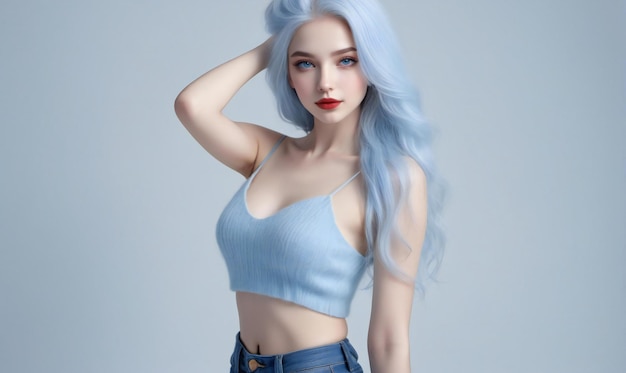 Portrait of a beautiful girl with blue hair on a gray background