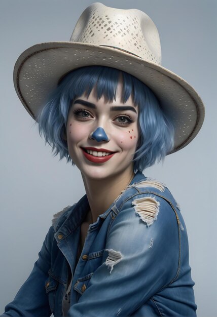 Portrait of a beautiful girl with blue hair and a white hat