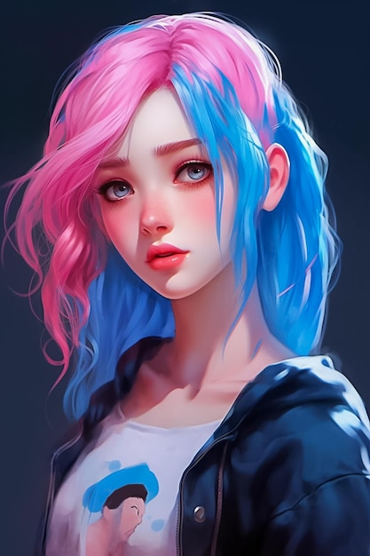 Premium AI Image | Portrait of Beautiful Girl with Blue Pink Hair and ...