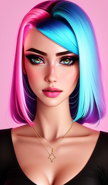 Portrait of a beautiful girl with a bright hairstyle in neon light