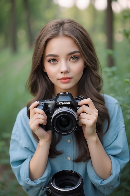 Portrait of a beautiful girl with a camera in her hands