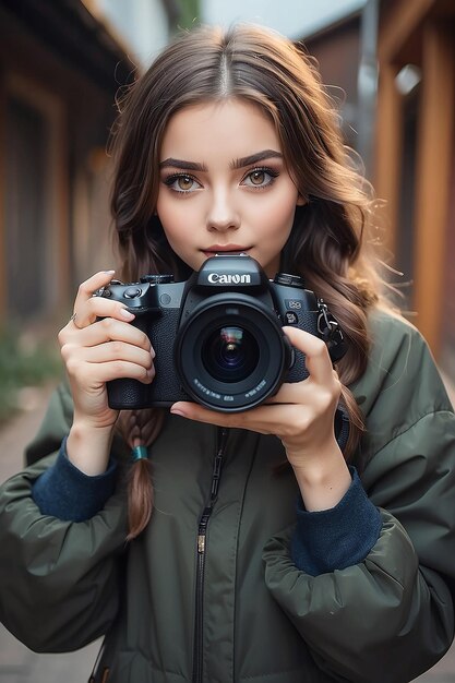 Portrait of a beautiful girl with a camera in her hands