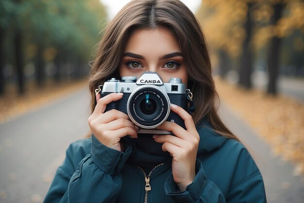 Portrait of a beautiful girl with a camera in her hands