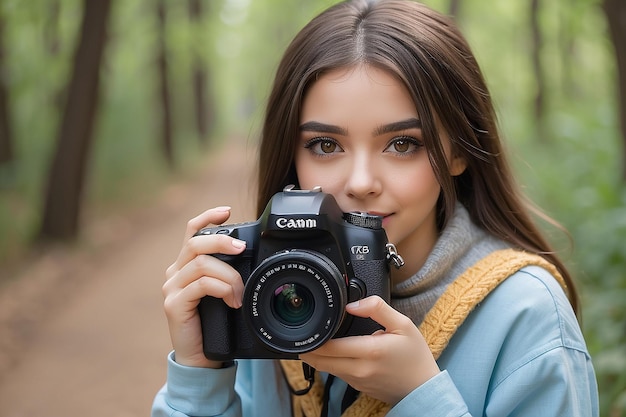 Portrait of a beautiful girl with a camera in her hands