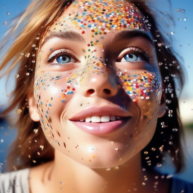 Photo portrait of a beautiful girl with colorful makeup and face powder on her face portrait of a bea