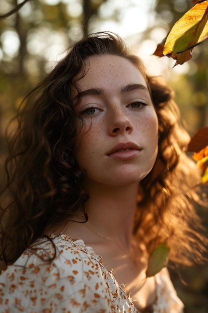 Portrait of a beautiful girl with curly hair in the autumn forest
