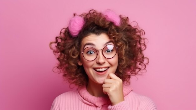 Photo portrait of a beautiful girl with curly hair and glasses on a pink background