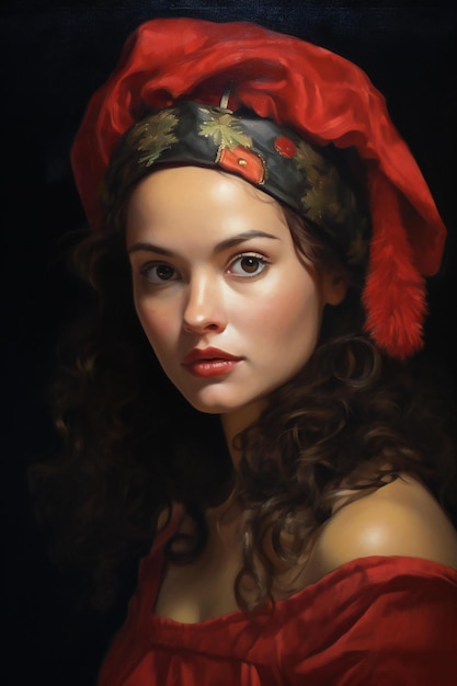 Portrait of a beautiful girl with curly hair in a red cap