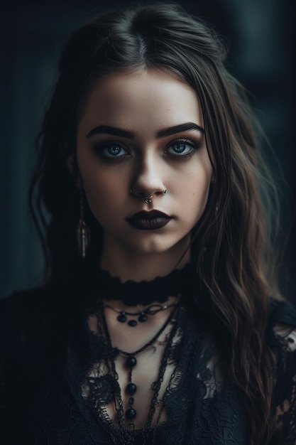 Portrait of a beautiful girl with dark gothic makeup and black dress