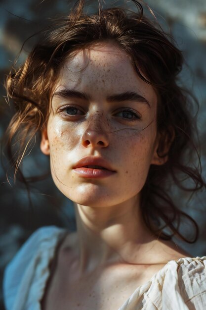 Photo portrait of a beautiful girl with freckles on her face