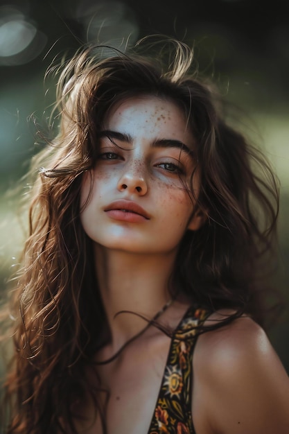 Portrait of a beautiful girl with freckles and long hair