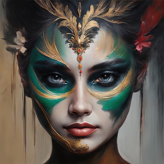 portrait of a beautiful girl with a golden mask and flowers art paintingbeautiful woman with golden