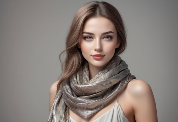 Portrait of a beautiful girl with a gray scarf on a gray background