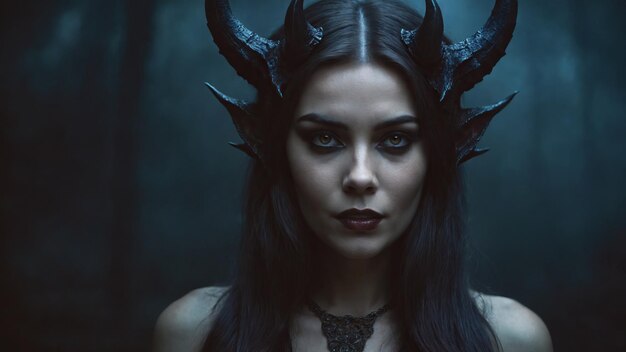 Portrait of a beautiful girl with horns on a dark background