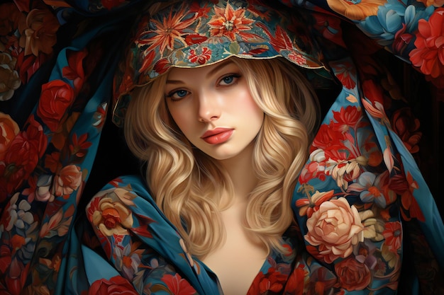 Портрет красивой девушки с длинными светлыми вьющимися волосами в синей шали на голове