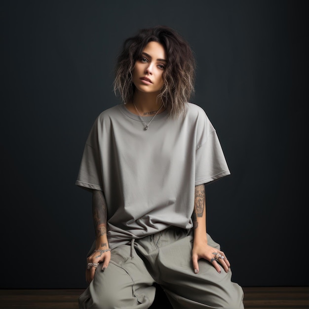 Portrait of a beautiful girl with long curly hair in a gray Tshirt on a dark background