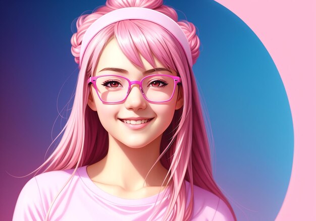 Portrait of a beautiful girl with long hair and pink glasses