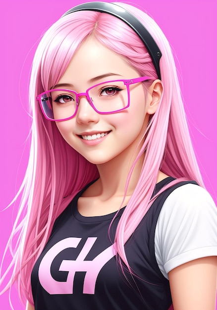Portrait of a beautiful girl with long hair and pink glasses