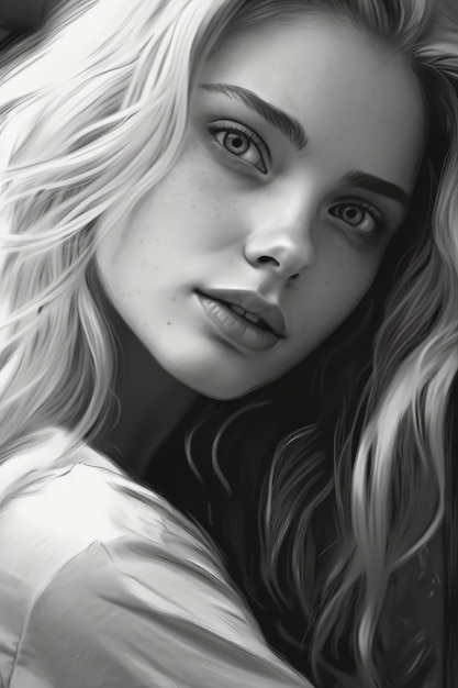 긴 머리와 흰 셔츠를 입은 아름다운 소녀의 초상화.