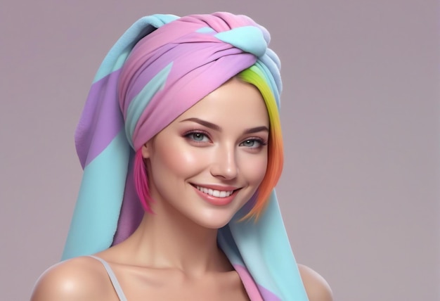 Portrait of a beautiful girl with multicolored hair in a turban