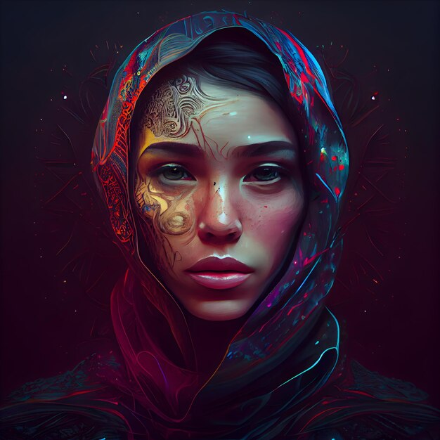 Portrait of a beautiful girl with multicolored makeup in a hood